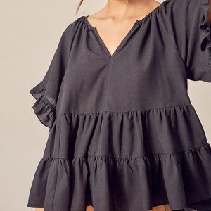Ladies Black Tiered Ruffle Swing Babydoll Oversize Tunic Top - FINAL CLEARANCE